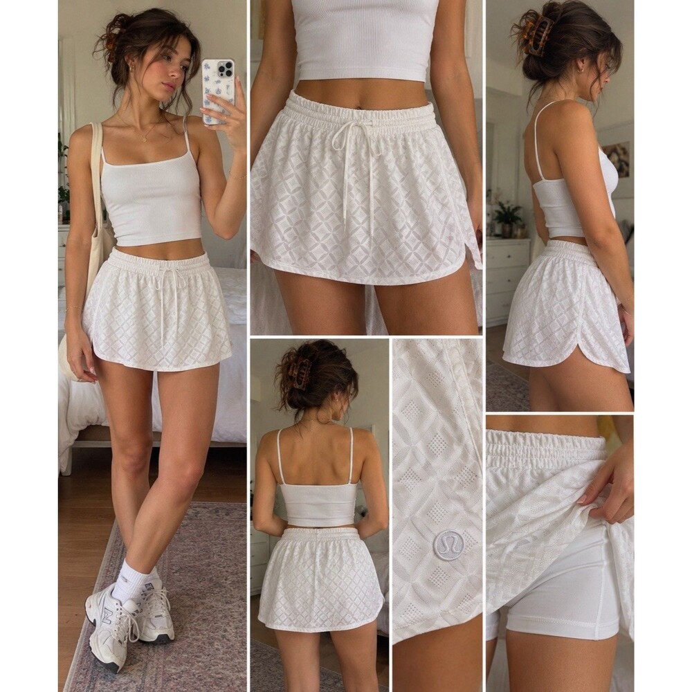 Lululemon Textured Mesh Tennis Skirt White Womens L Built In Shorts Drawstring